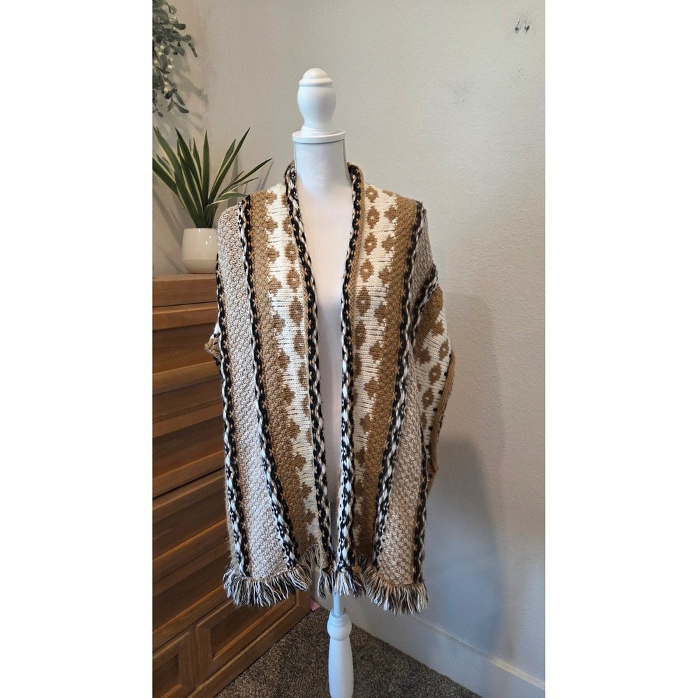 Cocogio Italy Wool Alpaca Blend Geometric Knit Fringe Poncho Wrap Tan Cream OSFA